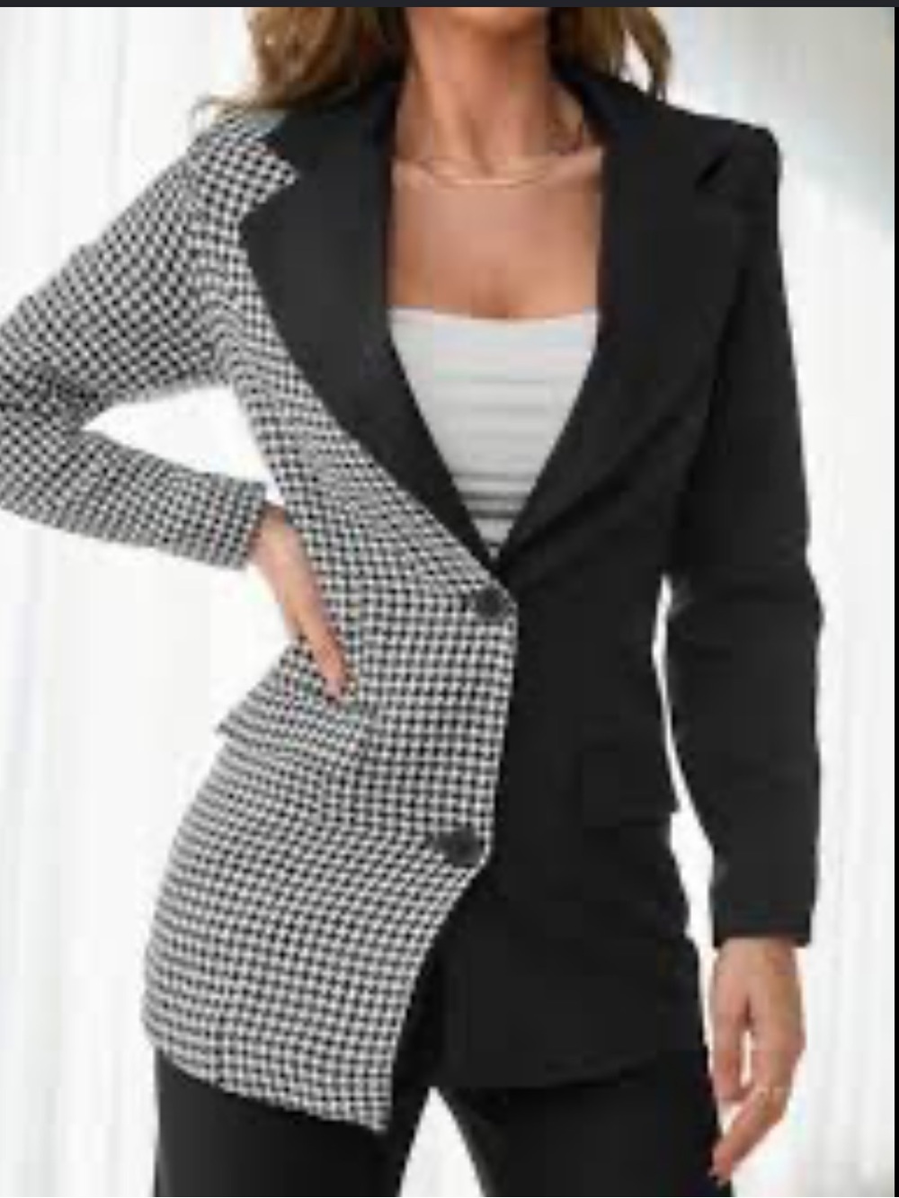 SHEIN Black & White Houndstooth Contrast Blazer